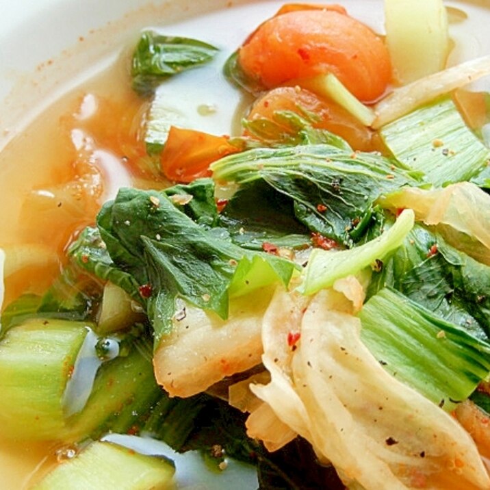 ５分！？セロリ葉とチンゲン菜❤中華キムチスープ♪